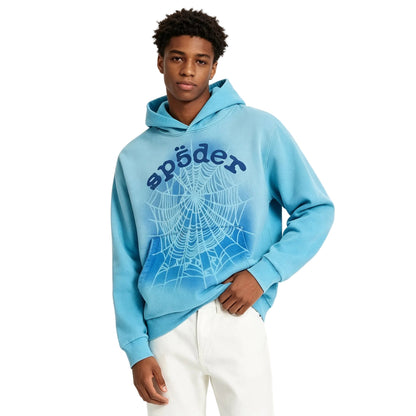 Sp5der OG Web V2 Spray Hoodie Light Blue
